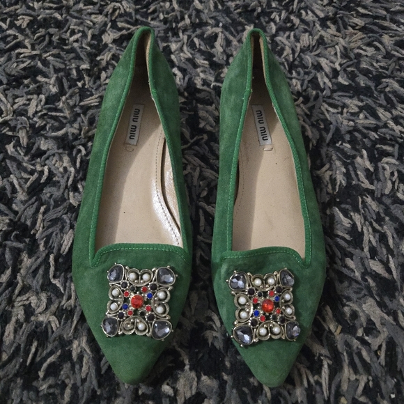 Miu Miu Shoes - Miu Miu Green Suede Jeweled Pointed Toe Flats EU 37